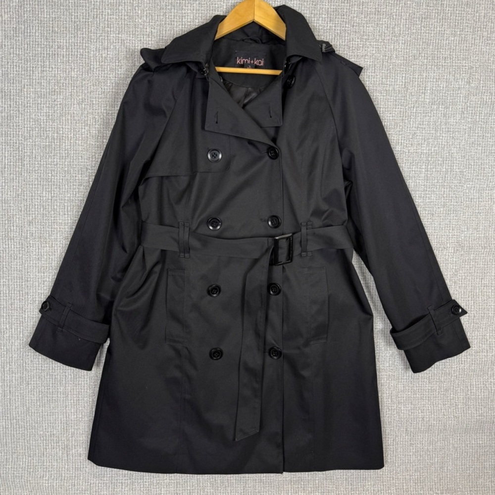 Kimi+Kai Sz L Maternity‎ Trench Coat Hooded Double Breasted Belted Black
